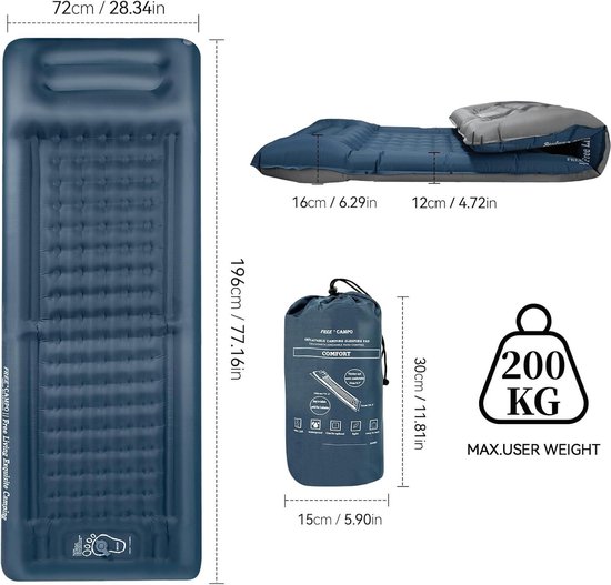 Self-Inflating Camping Mattress - 12 cm Thick Inflatable Mat with Cushion - Durable & Foldable - Waterproof for Hiking & Outdoor Activities — afbeelding 3