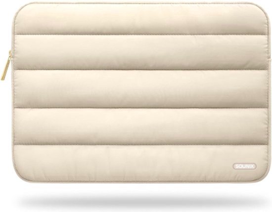 Gebroken witte Sounix laptophoes met horizontale vullingen en gouden rits.