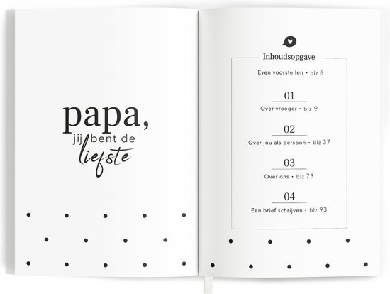 Open boek met tekst "papa, jij bent de liefste" en inhoudsopgave