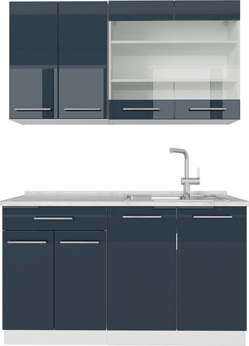 Vicco Keukenblokken Fame-Line, Donkerblauw hoogglans/Wit, 190 x 160 cm, WB Marmer