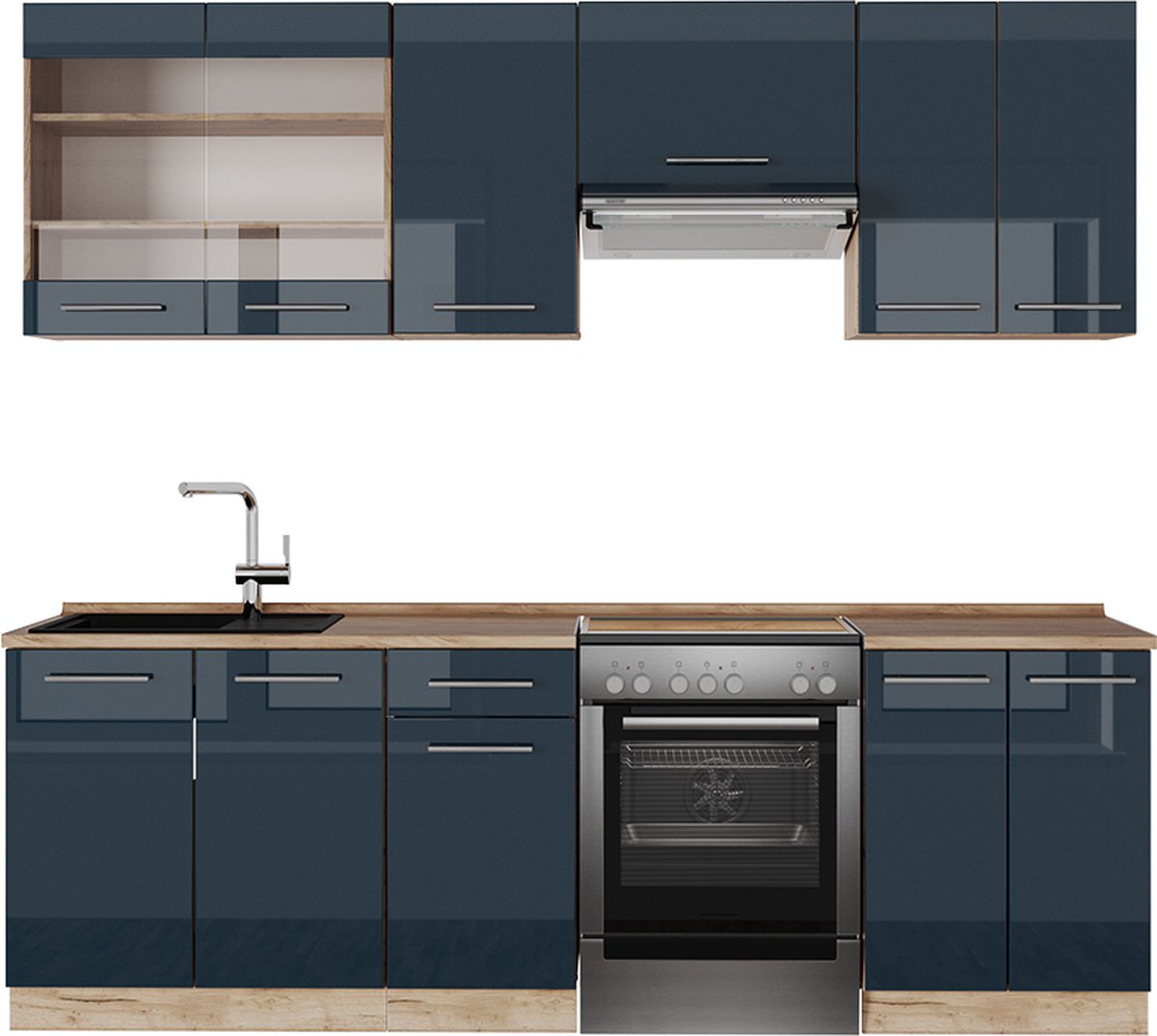 Vicco Fame-Line Complete keukeneenheid – 240 cm, WB Eik Donkerblauw hoogglans/gouden eik