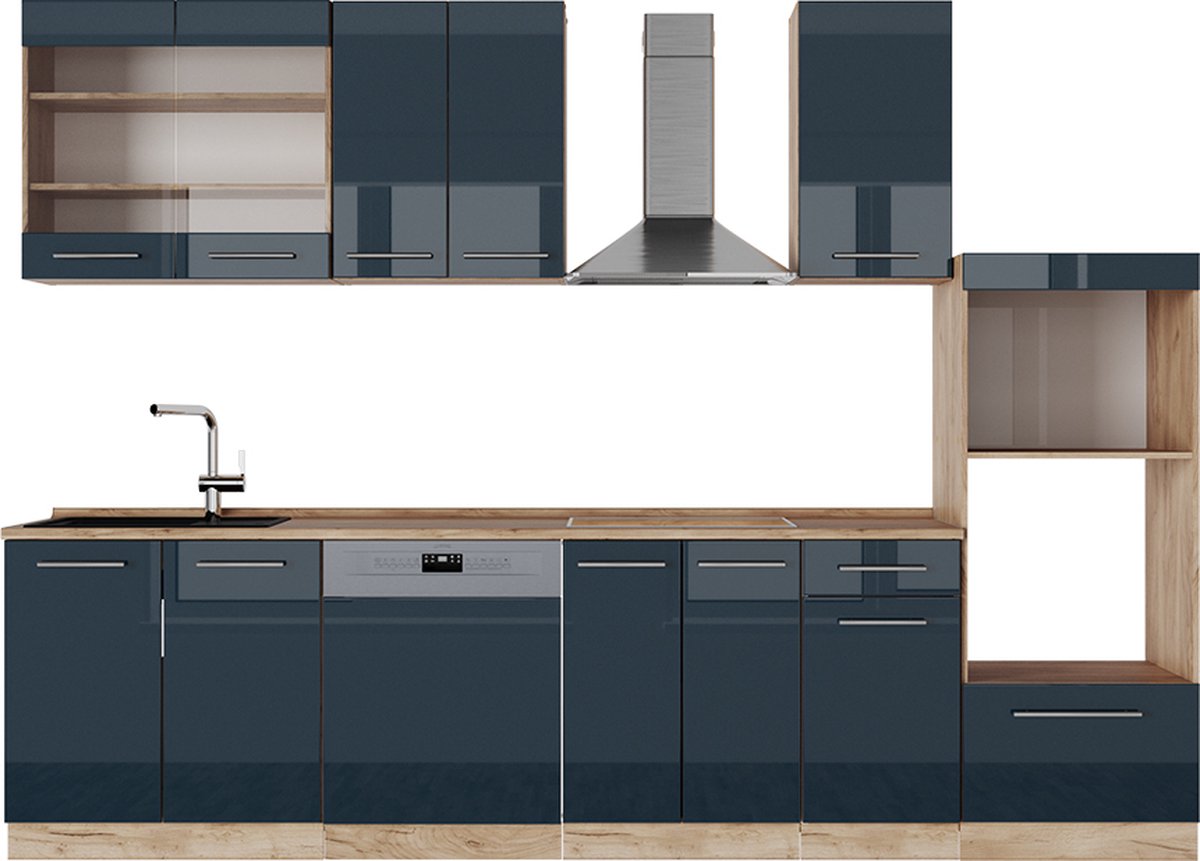 Vicco Fame-Line Keukenkasten – 300 cm met hoge kast, zonder werkblad Donkerblauw hoogglans/gouden eik