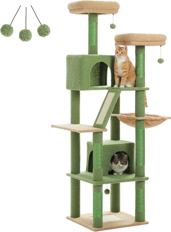 Hoge, mosgroene krabpaal met meerdere verdiepingen, kattenhuisjes en een hangmat. Er zitten twee katten op.