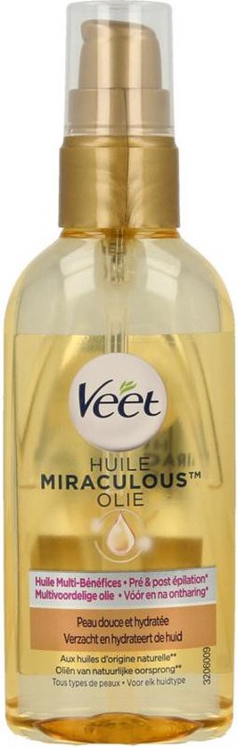 Gouden fles met pompdispenser. "Veet Huile Miraculous Oil" met teksten "Peau douce et hydratée".