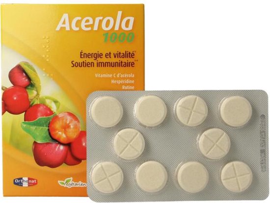 Verpakking en strip met tabletten 'Acerola 1000' met acerola kersen en merk 'Orthonat'.