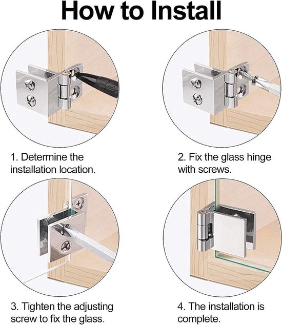 Installatiegids voor glazen deurscharnieren: locatie bepalen, scharnier bevestigen, glas vastzetten.