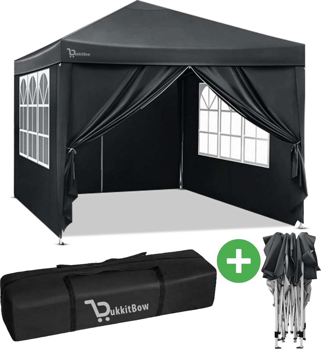 BukkitBow - Partytent met Zijwanden – Opvouwbare Tent – Waterdicht en Weersbestendig – Tuinpaviljoen - 300 x 300 cm – Grijs