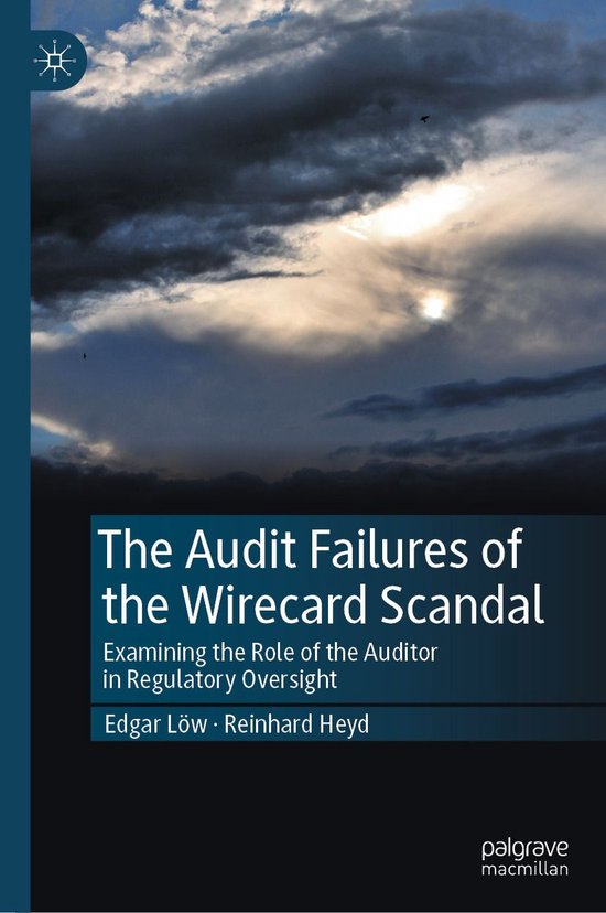 Boekcover met dramatische wolkenlucht en de titel "The Audit Failures of the Wirecard Scandal".