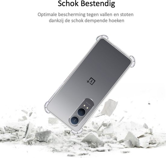 Transparante, schokbestendige telefoonhoes met versterkte hoeken, vallen tussen gebroken stenen.