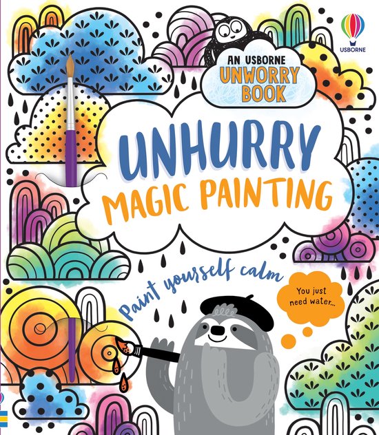 Boekomslag met een luiaard die schildert, de tekst 'Unhurry Magic Painting Unworry Book' en kleurrijke patronen.