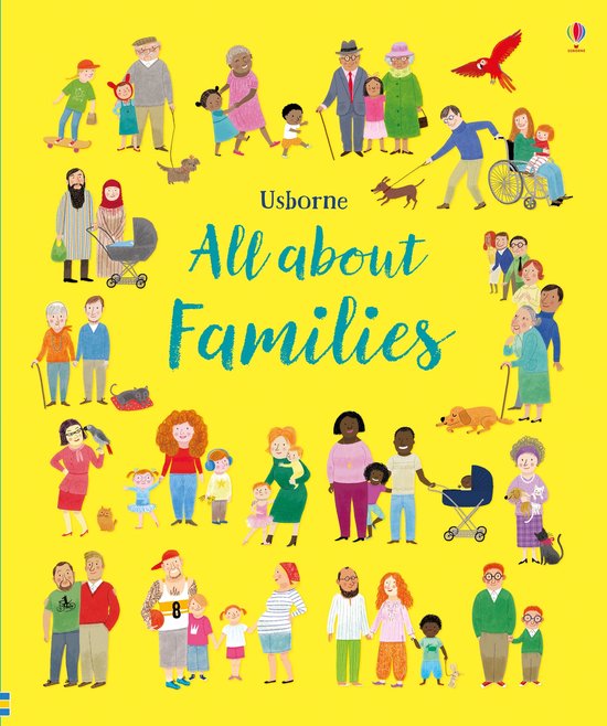 Couverture de "All about Families" avec des illustrations de différentes familles sur fond jaune.
