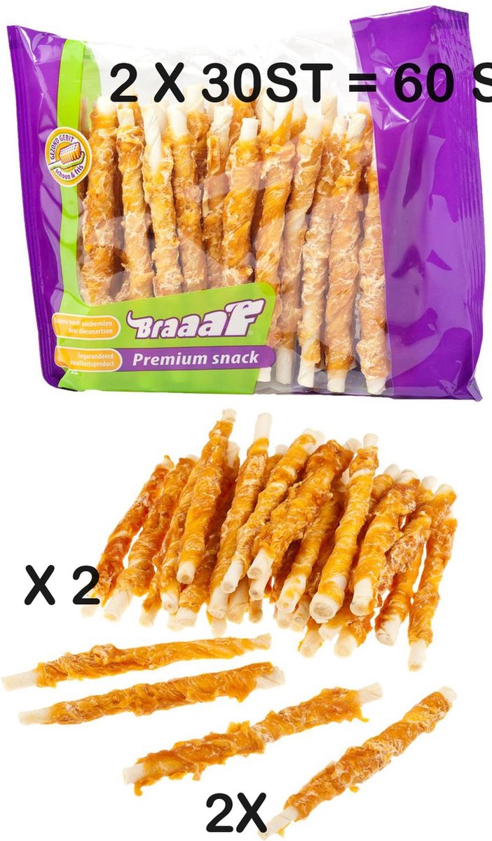 2 X BRAAAF roll sticks met kip 12.5 cm x 30 st - premium kwaliteit - glutenvrij - 5710 -tandverzorgend - 44% runderhuid - 40% kippenborst