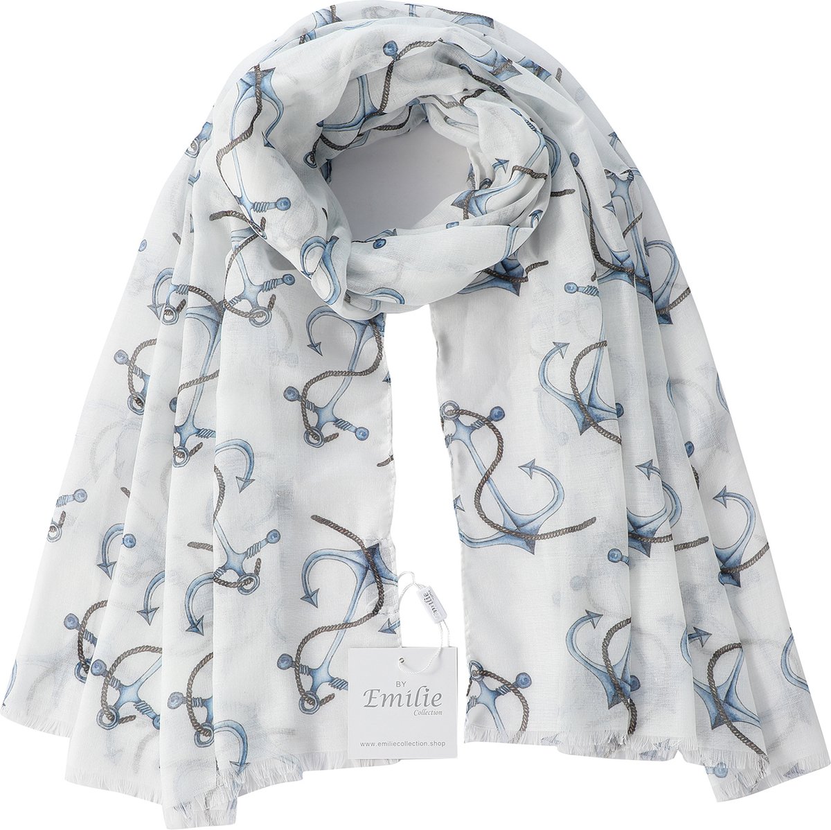 Emilie scarves - sjaal - print vrolijk - wit - ankers blauw - marine look