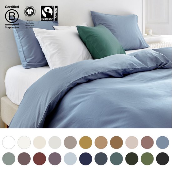 Yumeko Ensemble housse satin de coton bleu délavé 260x220 + 2 / 60x70