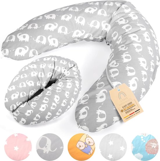 Ceba Baby® Voedingskussen - steunkussen voor baby's - zwangerschapskussen van 100% katoen - XXL groot zijslaapkussen - 190 cm - Öko-Tex Standard 100 - kleine bladeren
