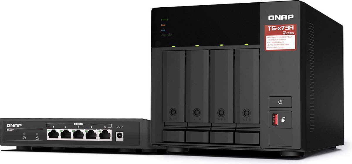 QNAP TS-473A-SW5T - NAS - 4-bay - 2x 2,5Gb Ethernetpoort - Inclusief SW-5T 2,5GbE Switch - Garantie tot 5 jaar!