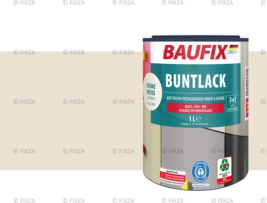 BAUFIX Buntlack crème blanc 1 litre. Résistant aux rayures, aux chocs et aux coups. Vernis et apprêt 2-en-1.