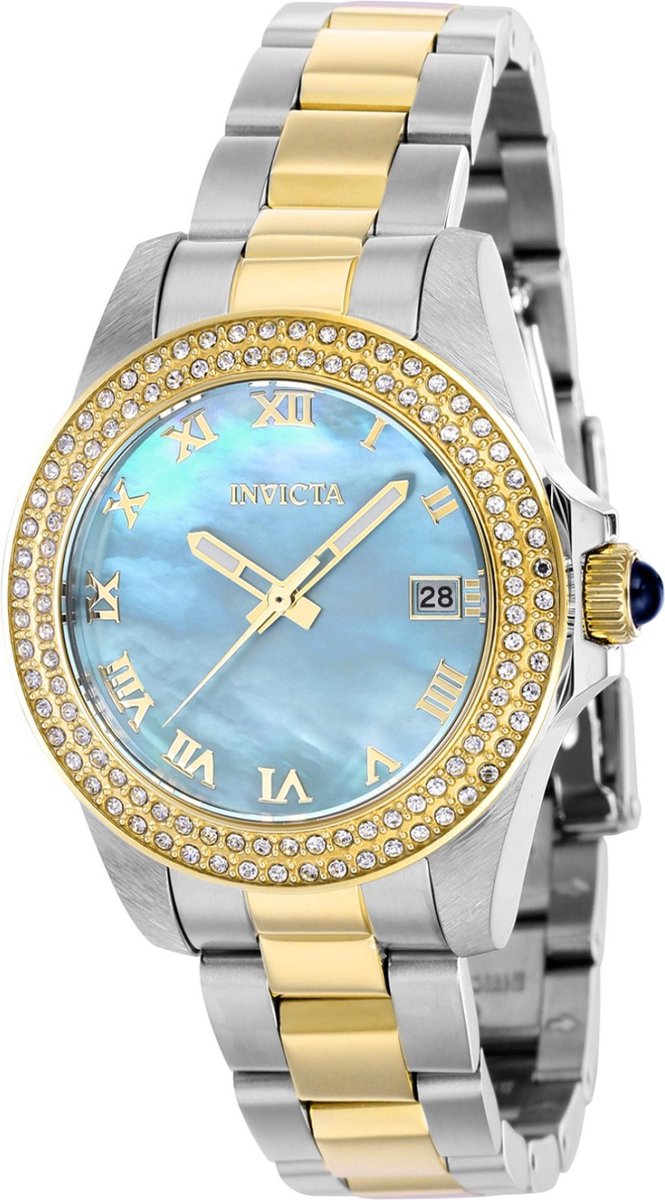 Invicta Angel 41552 Dames Horloge - Waterdicht - Analoog - Quartz Uurwerk - Roestvrij Staal met blauwe Wijzerplaat - 34mm