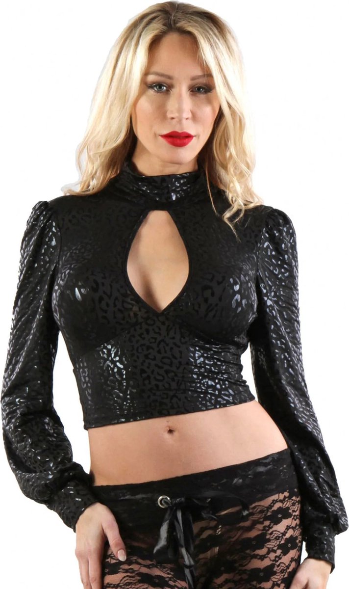 Soisbelle Paris - Crop Top met Pofmouwen en Open Rug - Zwarte Panterprint S/M