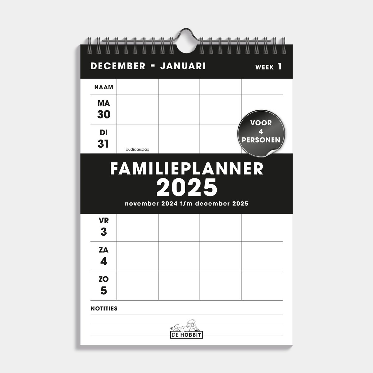 Hobbit - Familieplanner 2025 - Familiekalender - Weekkalender - Spiraalgebonden - 4 personen - A4 (21 x 29,7 cm) - Zwart-wit op Prijzenvolger.com