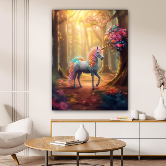 Canvas schilderij 90x120 cm - Wanddecoratie Eenhoorn - Bos - Kleurrijk - Bloemen - Meiden - Muurdecoratie tienerkamer - Kamer decoratie voor tieners - Tiener jeugdkamer accessoires - Slaapkamer schilderijen