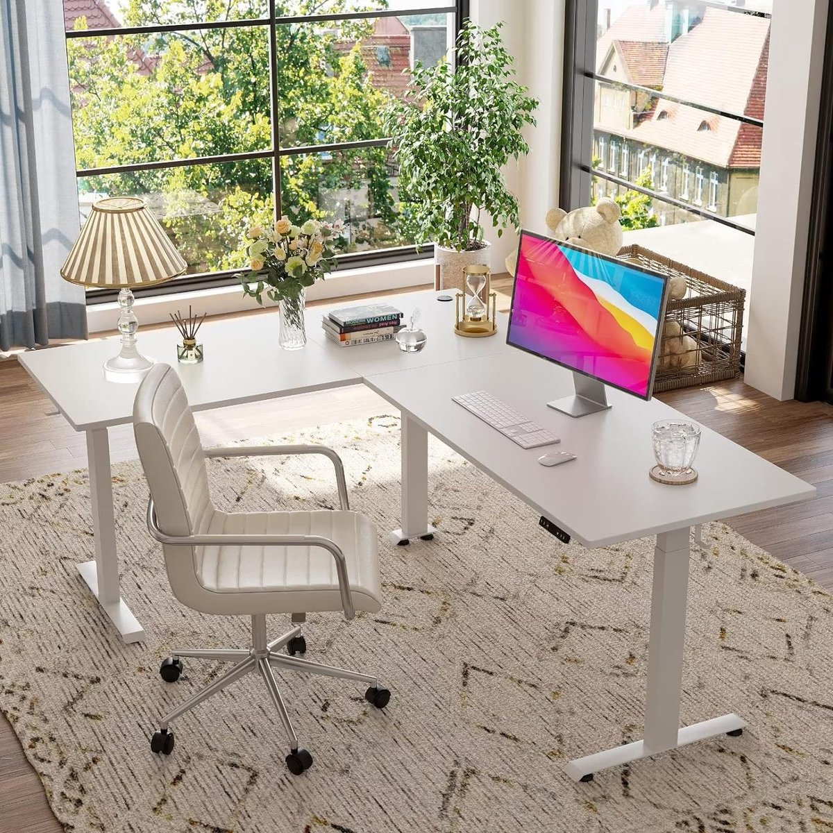 AKORD hoekbureau B-20 met 3 laden, 2 legplanken en een rekvak met deur | Bureau | Hoekbureau voor thuiskantoor | B155 x H77 x D85, 60 kg | Wit & Sonoma-eiken front