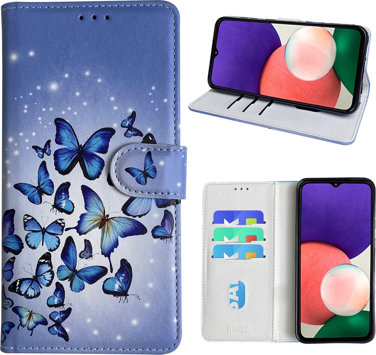 Hoesje geschikt voor Samsung Galaxy A22 Bookcase met Blauw vlinder print