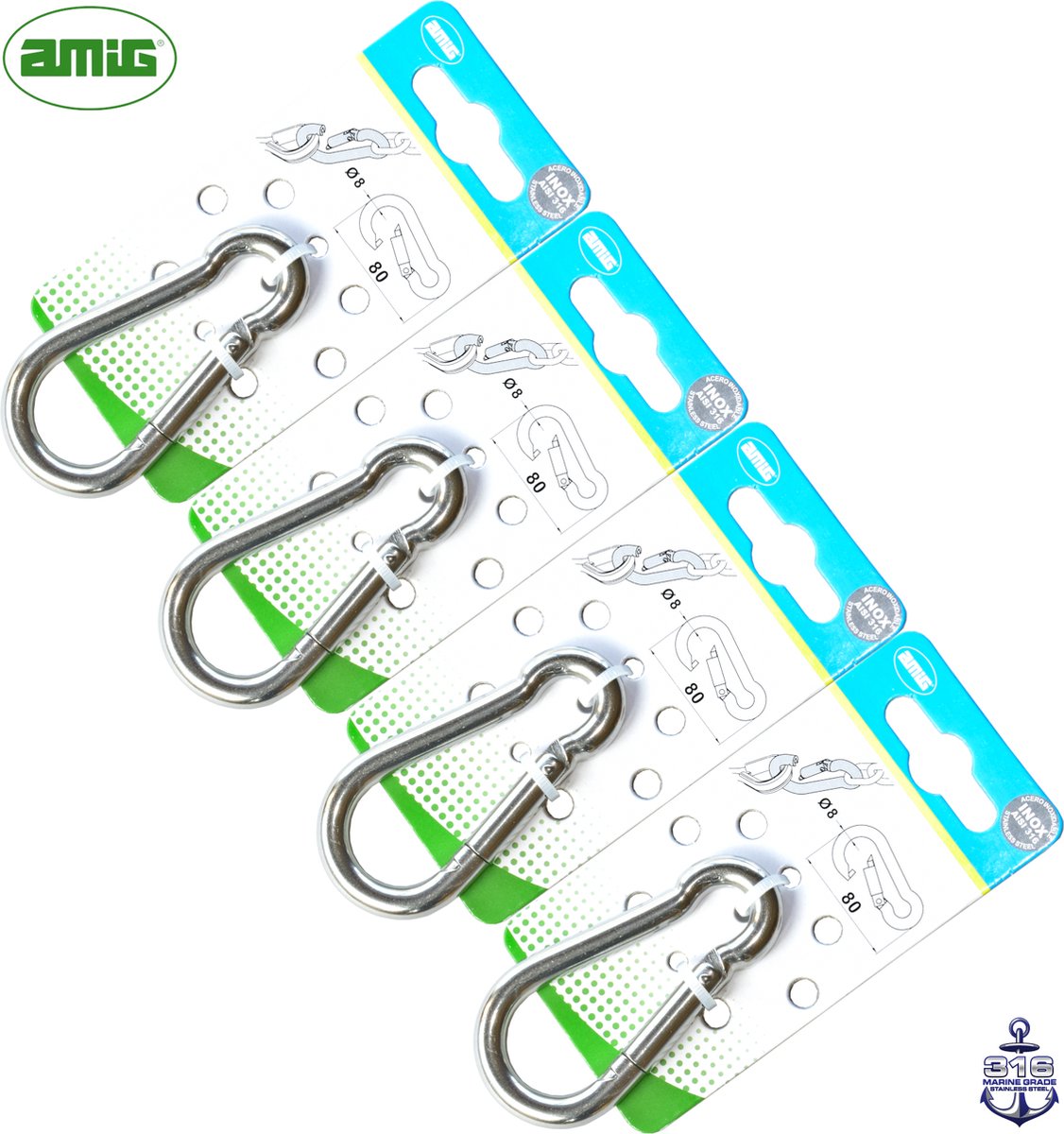 AMIG RVS Karabijnhaak 8x80mm - Set van 4 - Zware Belasting - Multifunctioneel