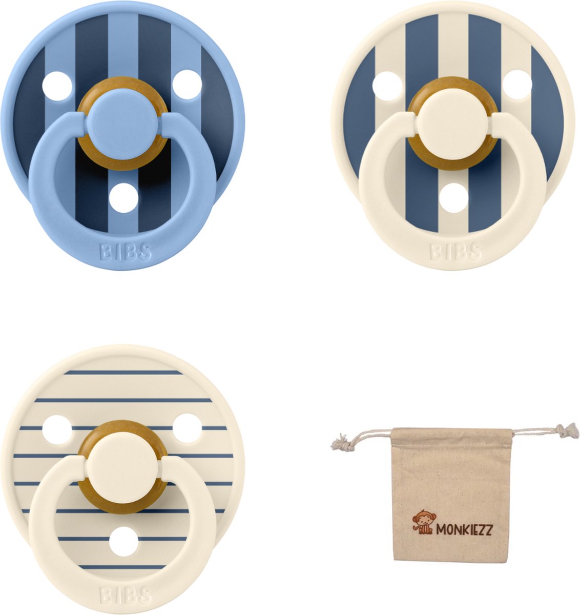 Goedkoopste Bibs studio fopspenen maat 1 (0-6 maanden) Set 3 fopspenen speenzakje - Block Sky Blue, en Block Ivory/Steel Blue en Pin Ivory/Steel Blue