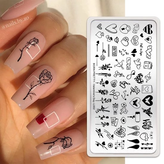 Nagelstempelplaat met hartjes, rozen en tekst "love".
