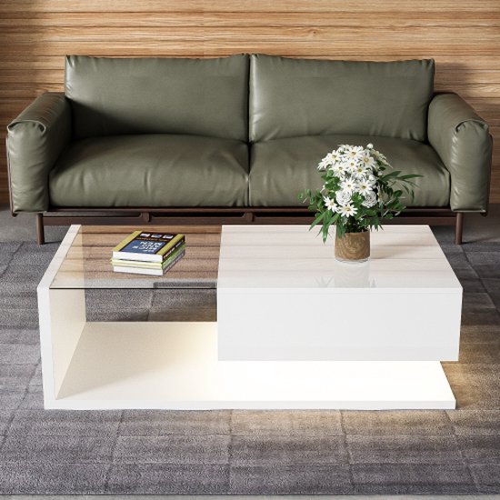 Salontafel, hoogglans wit. Bijzettafels, salontafels met glas en LED-effect