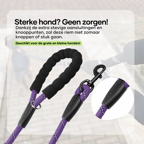 Paarse hondenriem met reflecterende zwarte ruitjes, een comfortabel handvat en stevige sluitingen, buiten.