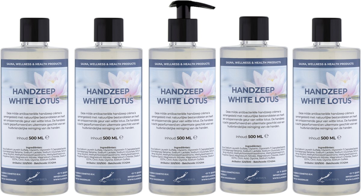 Goedkoopste Handzeep White Lotus 500 ml - met gratis pompje - set van 5 stuks - Voordeelverpakking