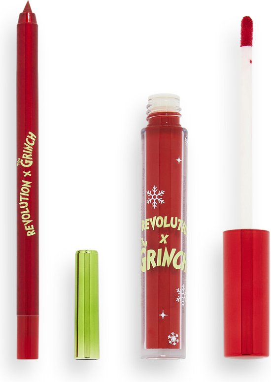 Rode lip pencil en rode liquid lipstick met Grinch-thema, naast elkaar op een witte achtergrond.