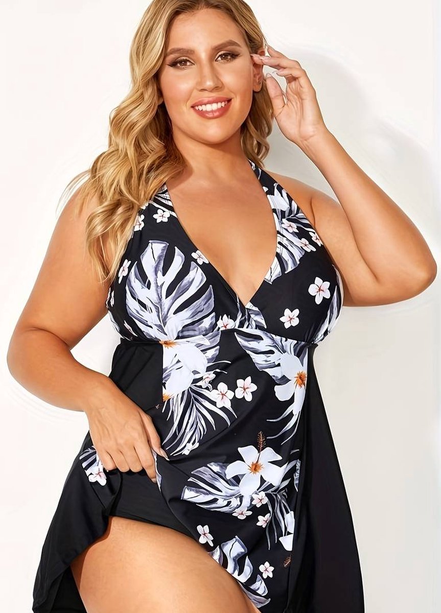 Tankini set design, badpak voor dames, elegante bloemenprint, zwemrok met V - hals en stijlrok, comfortabele stretchpasvorm, 2 - delige set ,badpak zwempak strandkleding zwemkleding 255, zwart wit,