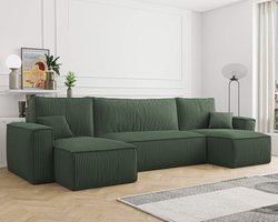 HOEKBANK CARLOS U GROEN- HOEKSALON MET BED EN OPBERGRUIMTE-CORDUROY RIBSTOF GROEN-KARL HOEKZETEL U VORM-zetelsenbedden