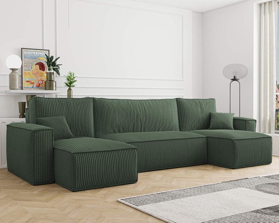 HOEKBANK CARLOS U GROEN- HOEKSALON MET BED EN OPBERGRUIMTE-CORDUROY RIBSTOF GROEN-KARL HOEKZETEL U VORM-zetelsenbedden