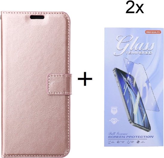 Bookcase Geschikt voor: Samsung Galaxy A05 Rosegoud - Portemonnee hoesje met 2 stuk Glas Screen protector - Book Cover