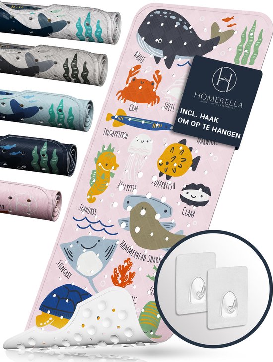 HOMERELLA Badmat antislip voor kinderen - 100x40cm -100% BPA-vrij antislipmatten - Inclusief 2x ophanging - Badmatten schimmelbestendig & machine wasbaar