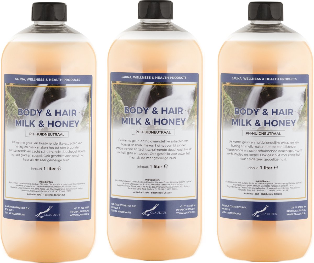 Goedkoopste Body & Hair Milk & Honey 1 liter - set van 3 stuks - 2 in 1 voor lichaam en haar.