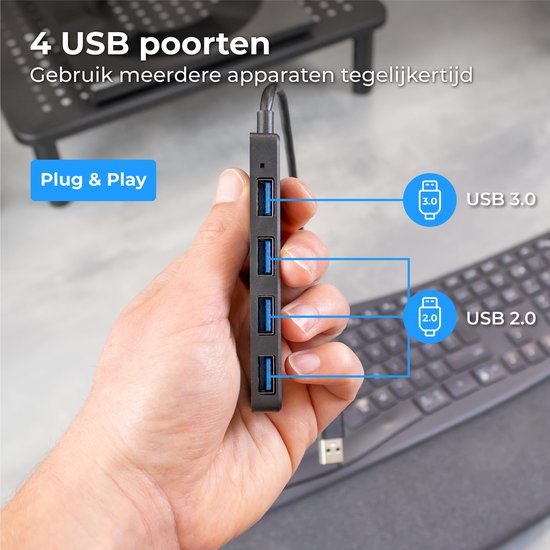 Nuvance USB Hub - USB Splitter & USB C Hub met 4 Poorten - USB 3.0 – 5Gbps - Inclusief USB-C Converter - Universeel - Zwart