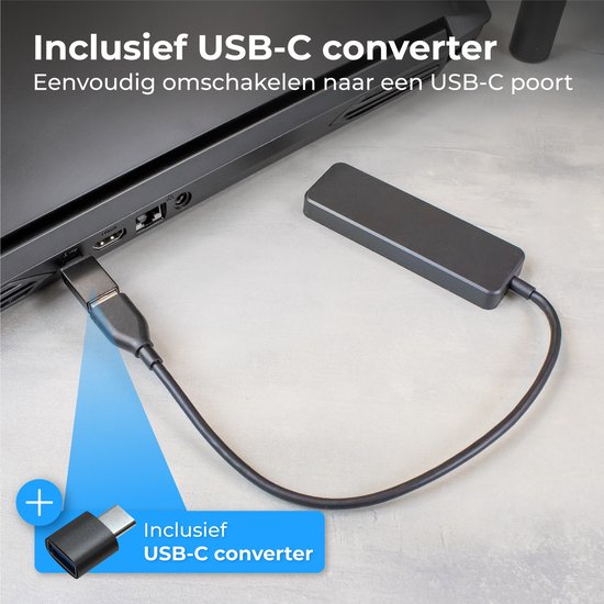 Nuvance USB Hub - USB Splitter & USB C Hub met 4 Poorten - USB 3.0 – 5Gbps - Inclusief USB-C Converter - Universeel - Zwart