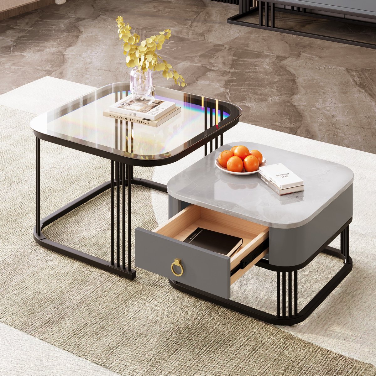 Sweiko 2-delige Set Salontafel, Hoogglans marmer look en glazen blad, zwarte poten,Bijzettafel met lades Grijs en zwart