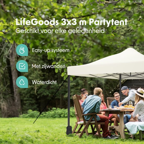 LifeGoods Partytent - 3x3 m - Zijwanden - Easy Up - Paviljoen - Opvouwbaar - Waterdicht - Draagtas met Wieltjes - Beige