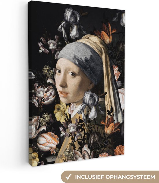 Foto: Canvas schilderij 20x30 cm wanddecoratie meisje met de parel johannes vermeer bloemen muurdecoratie woonkamer slaapkamer decoratie kamer accessoires schilderijen