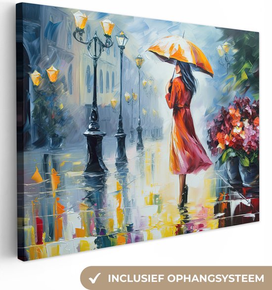 Peinture à l'huile sur toile - Parapluie - Femme - Rue - Art - 120x90 cm - Décoration murale
