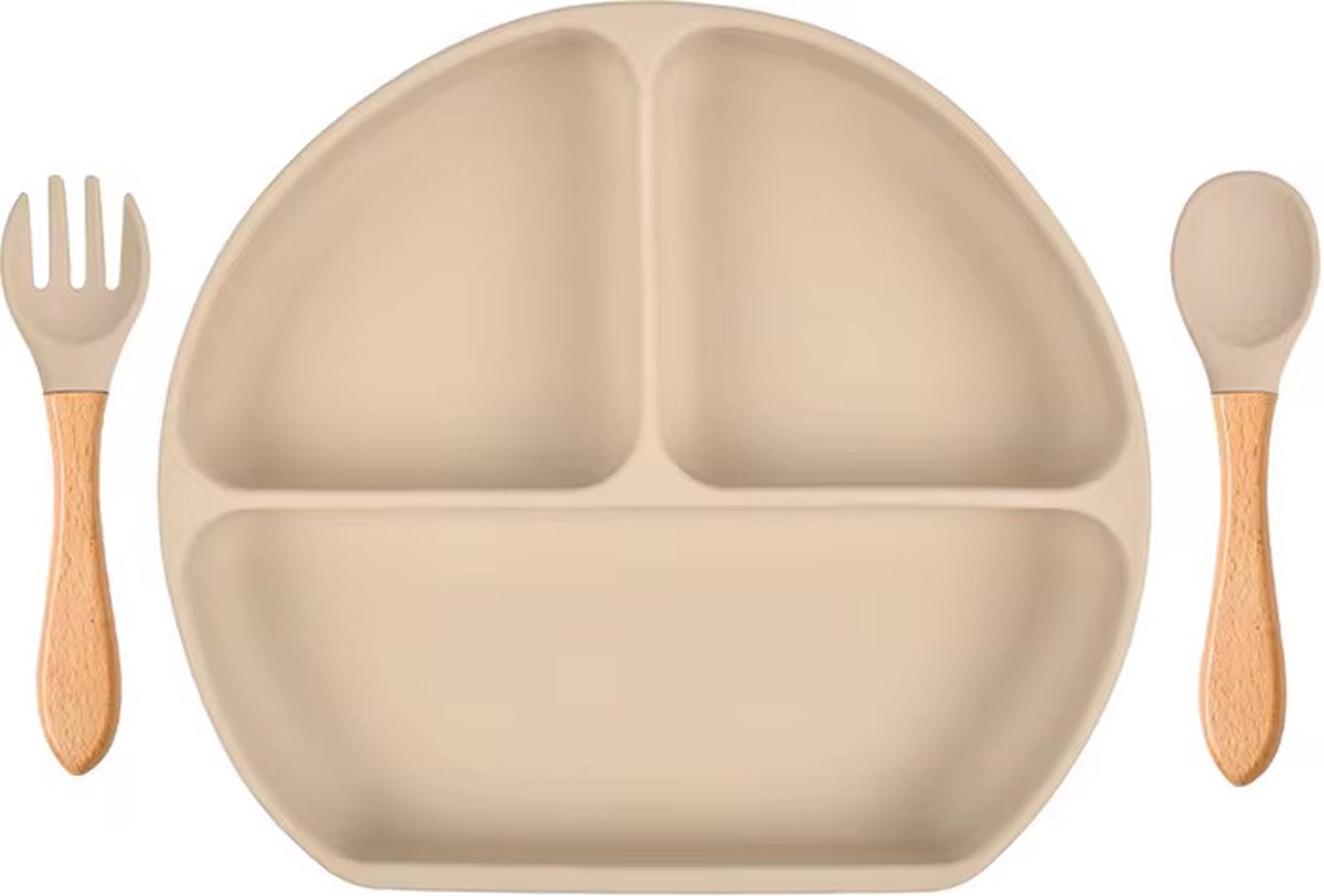 Goedkoopste Kinderbord met Zuignap en Houten Bestek - Beige/ Taupe bordje