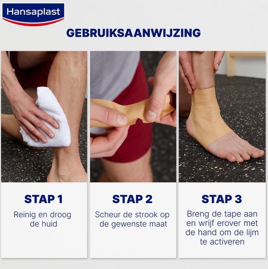 Stappenplan voor het aanbrengen van sporttape: huid reinigen, tape scheuren, tape activeren.