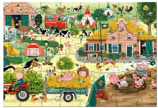 Boerderijpuzzel met kinderen, tractor, varkens in een aanhanger, varkens in de modder, koeien, kippen en een rode camper.