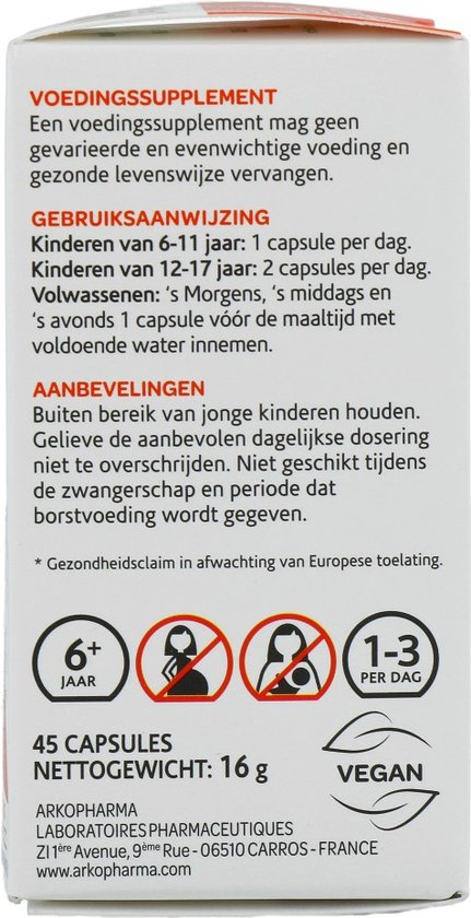 Witte verpakking met informatie over voedingssupplementen. Bevat iconen voor 6+ jaar, 1-3 per dag, en vegan.